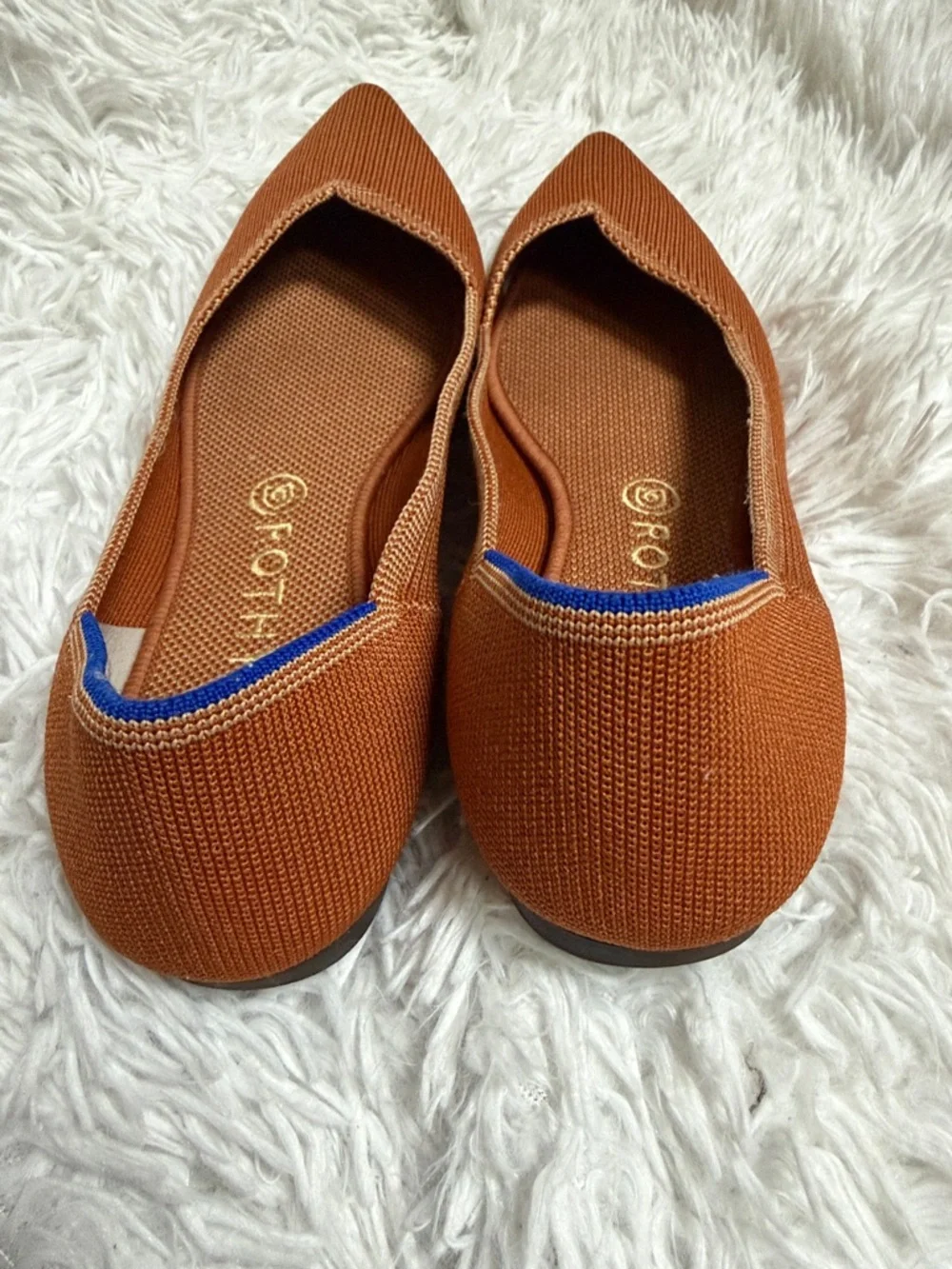 Rothy's Pointed Toe Flats in Rust with Blue Trim - Picture 5 of 10